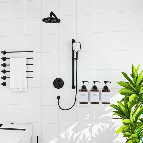 Vista 2 de Dispensador de champú y acondicionador para pared de ducha, 3 cámaras, dispensador de jabón de ducha cuadrado sin taladros, montaje en pared con 3