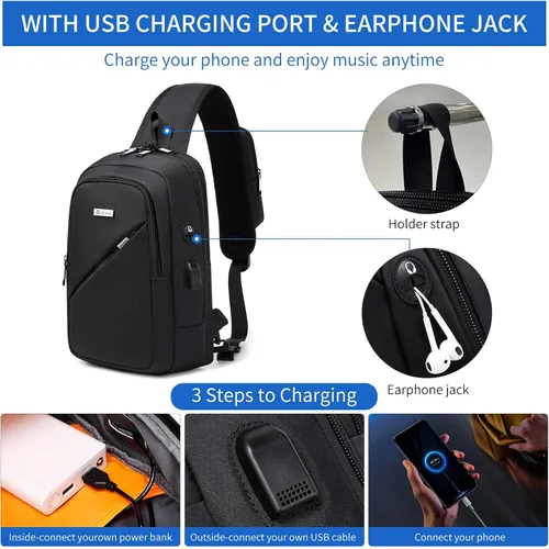 Vista 22 de DUSLANG Mochila de hombro para senderismo, bolsa cruzada para hombres, bolsas de pecho con puerto de cargador USB para campamento casual, ciclismo