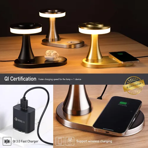 Vista 2 de O'Bright - Lámpara de mesa LED portátil con almohadilla de carga inalámbrica, lámpara de noche regulable y recargable, luz ambiental para plateado