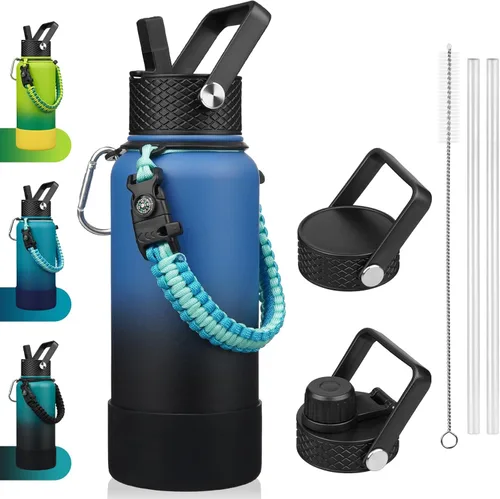 Vista 32 de BJPKPK - Botella de agua con tapa de popote, botellas de agua aisladas de 18 onzas con 3 tapas, asa de cuerda de paracaídas y base antideslizante