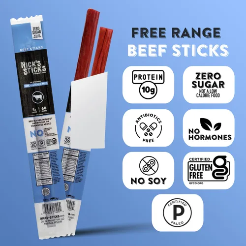 Vista 4 de Nick's Sticks 100% de carne de res alimentada con hierba - sin gluten - aprobados para paleo, keto, whole30 - sin azúcar, soya, antibióticos u