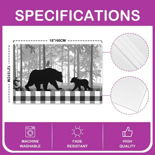 Vista 5 de Wild Animal - Juego de 4 manteles individuales elegantes para mesa de comedor, manteles individuales con silueta de oso negro, 12 x 18 pulgadas