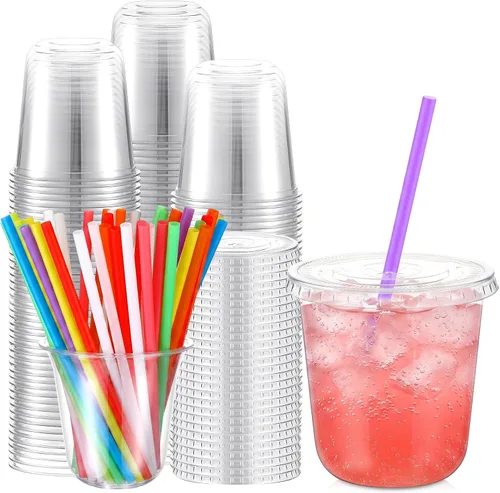 Vista 17 de Ziliny - Paquete de 50 vasos de plástico de 12 onzas con tapas, pajitas