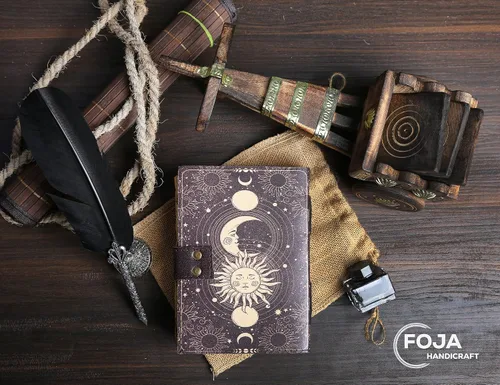 Vista 3 de Sun & Moon - Diario vintage de cuero para hombres y mujeres, 200 páginas de papel vintage antiguo hecho a mano, cuaderno de bocetos de cuero, diario