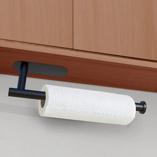 Vista 3 de DEKAVA - Soporte para toallas de papel para usar en la pared o debajo del gabinete en la cocina, autoadhesivo, de barra, estante, de acero Negro