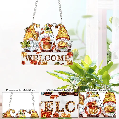 Vista 4 de AiYuanzsh Cartel colgante de pintura de diamante de gnomo de otoño, kit de arte de diamantes de imitación de cristal acrílico 5D DIY, decoración