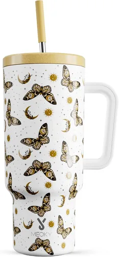 Vista 30 de Meoky - Vaso de 30 oz con asa, tapa y pajilla, taza de viaje térmica de acero inoxidable 100% a prueba de fugas, para portavasos, mantiene el frío