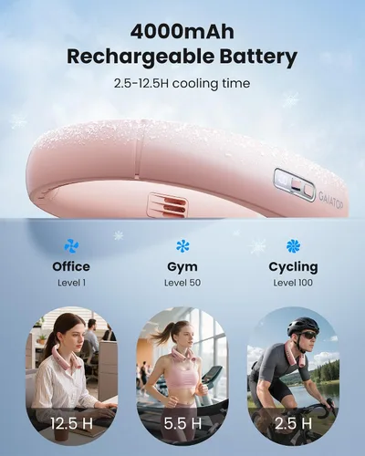 Vista 5 de Gaiatop Ventilador de cuello portátil, flujo de aire turbo de refrigeración envolvente de 360°, 0 a 100 velocidades, hasta 12.5 horas de duración