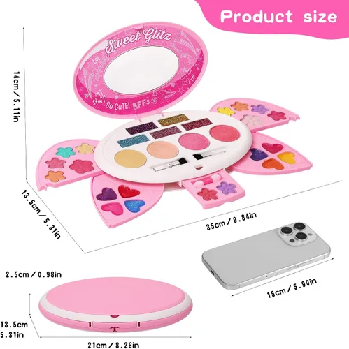 Vista 6 de Kit de maquillaje para niños para niñas, juego de maquillaje real, paleta de maquillaje plegable con espejo, kit de maquillaje no tóxico para niños