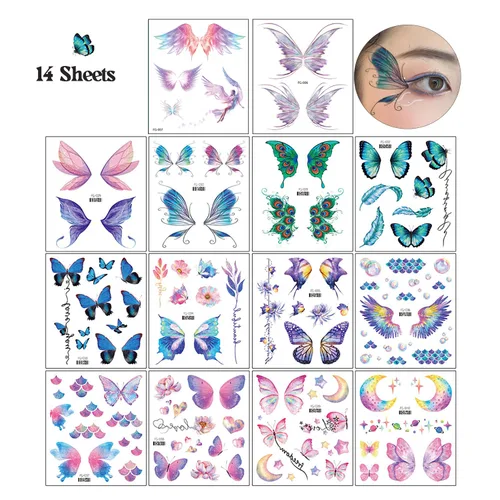 Vista 2 de 14 hojas de tatuajes temporales de mariposa con purpurina para decoración de maquillaje de ojos, rostros, calcomanías de tatuaje de arte corporal