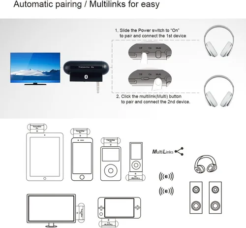 Vista 8 de Alead TxPro - Transmisor de audio estéreo inalámbrico multienlace Bluetooth (A2DP) con enchufe de audio de 0.138 in, para iPod, iPad, Zune, Zen