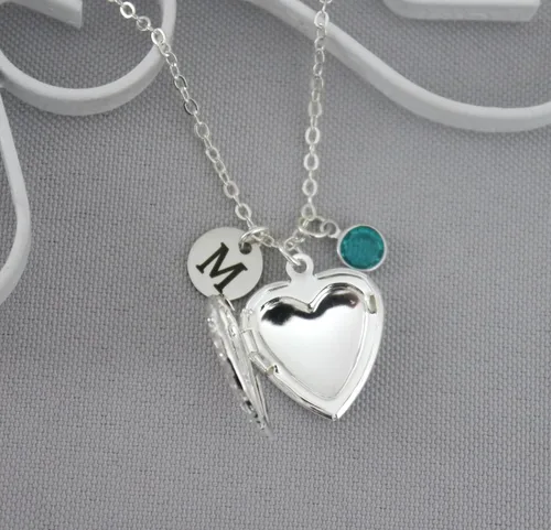 Vista 2 de Madie's Charms Heart Picture Locket - Personalized Locket Necklace - Initial Necklace - Heart Locket - Silver - Custom - Birthstone Necklace