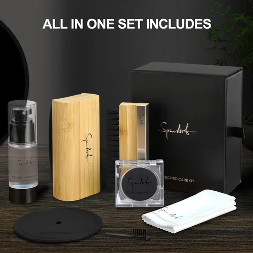 Vista 2 de SpinArt Kit de limpieza de discos de vinilo 8 en 1, incluye cepillos de terciopelo suave y microfibra, solución de limpieza LP, gel de lápiz
