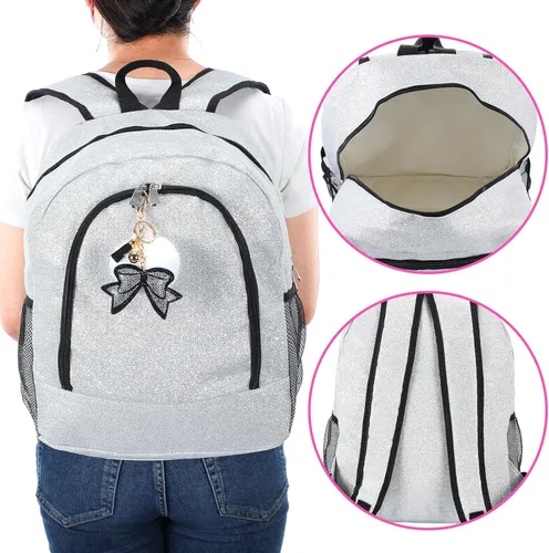 Vista 6 de Mochila grande de animadora con llavero de lazo, mochila con purpurina para porristas, bolsas de regalo para animadoras para deporte (plateado)