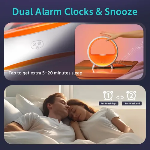 Vista 6 de MOMILLA Reloj despertador Sunrise con estación de carga inalámbrica de 15 W, altavoz Bluetooth y máquina de ruido blanco, luz de despertador