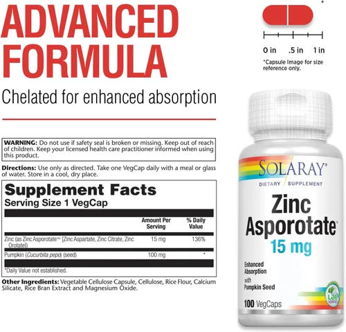 Vista 2 de Solaray Zinc Asporotate 15mg Complejo Quelatado Apoyo inmunológico y endocrino, fórmula de salud celular y piel, 100 cápsulas vegetales
