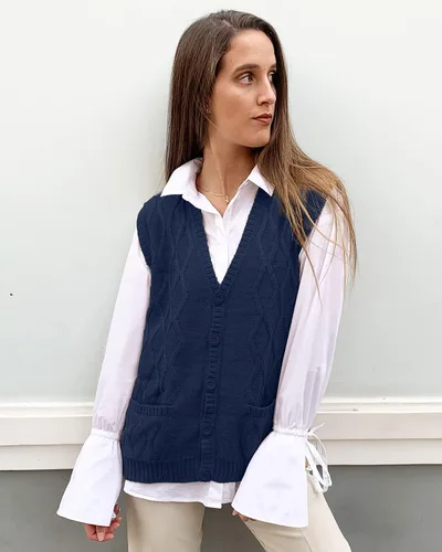 Vista 3 de Peru - Chaleco tipo cárdigan de lana de alpaca con cuello en V para mujer, talla S-4XL