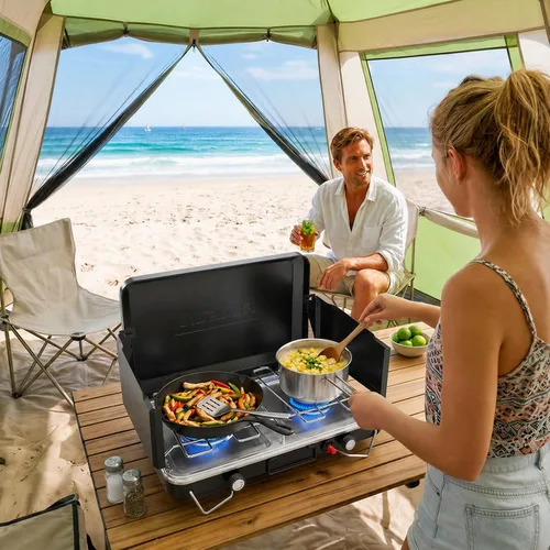 Vista 7 de ROVSUN Estufa de camping portátil de 2 quemadores con encendedor, estufa de campamento de propano de 20000 BTU con adaptador, mango integrado