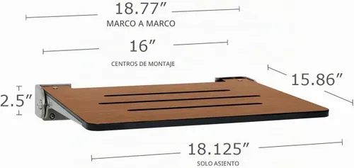 Vista 2 de Seachrome Asiento de ducha plegable Silhouette Slimline de 18 pulgadas, para montaje en pared, asiento rústico de teca con marco plateado