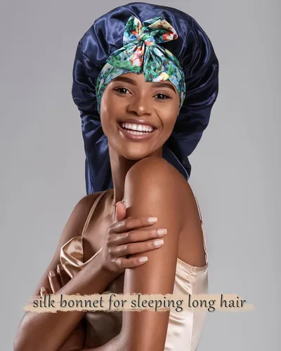 Vista 7 de Gorro largo de satén para trenzas, capó de seda para dormir, banda elástica para mujeres negras, cabello rizado