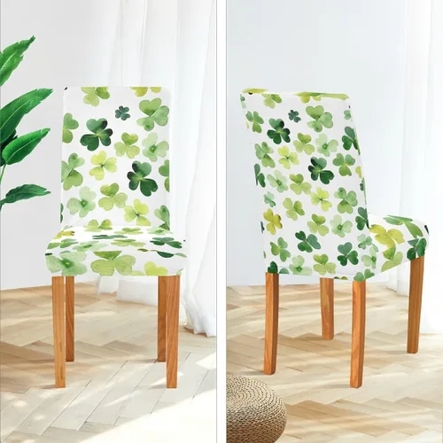 Vista 4 de Juego de 2 fundas elásticas para sillas de comedor con trébol del día de San Patricio, fundas protectoras extraíbles y lavables para comedor