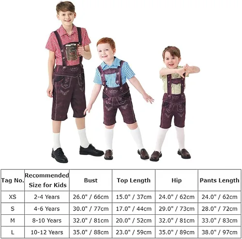 Vista 6 de IDOPIP Disfraz de Oktoberfest para niños, pantalones cortos de Lederhosen bávaros alemanes con camisa a cuadros, calcetines para niños, Halloween