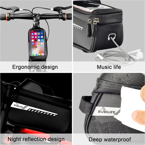 Vista 5 de Bolsa para marco de bicicleta con soporte para teléfono celular, bolsa de tubo frontal impermeable para bicicleta con funda de teléfono compatible