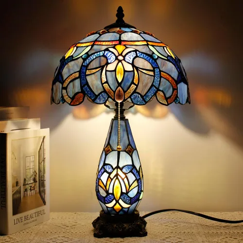 Vista 9 de Lámpara de Estilo Tiffany de Vidrio Manchado Azul Barroco de Mesa de 12X19 Pulgadas, Vaso Madre-Hija, Luz de Lectura para Escritorio, Decoración