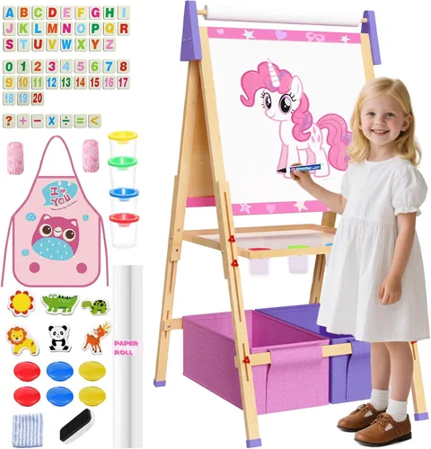 Vista 10 de Set de cabalete de arte para niños, tablero de dibujo ajustable de doble cara, cabalete de madera para pintar, edades 2-12, regalo de cumpleaños Azul