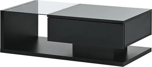 Vista 9 de Mesa auxiliar rectangular con vidrio templado, mesa moderna negra de dos niveles para sala de estar, mesa de centro de madera con cajón extraíble