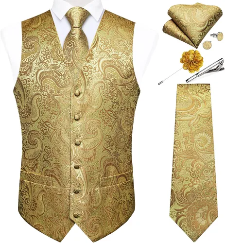 Vista 26 de DiBanGu Juego de chaleco y corbata para hombre, chaleco formal de cachemira y corbata con bolsillo cuadrado y gemelos, de seda, para traje o Verde