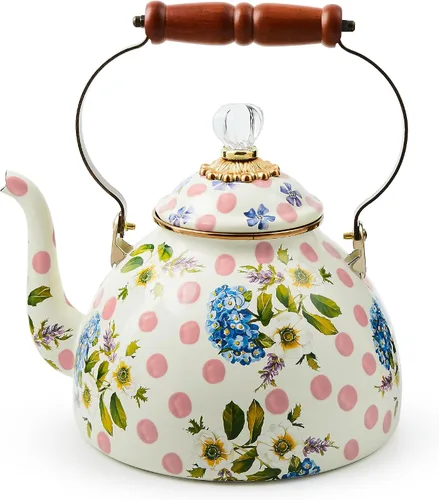 Vista 12 de MACKENZIE-CHILDS Tetera de Esmalte, Tetera Bonita para Estufa, 2 Cuartos, Rosa Silvestre Marrón Diseño aplicado a mano, hecho de acero esmaltado