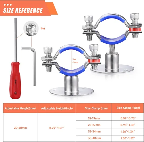 Vista 2 de 6 piezas de soportes de tubo para montaje en pared y techo, de acero inoxidable 304, adecuados para tubo con diámetro exterior de 15-19 mm, altura
