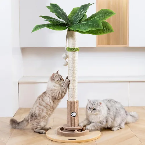 Vista 7 de WOOCHPET Rascador para gatos de interior de 35 pulgadas de alto, rascador de sisal para gatos con juguete de ratón y bolas de pista, base de madera