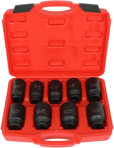 Vista 4 de Juego de dados de eje de impacto profundo de 9 piezas, 1/2 pulgada, 6 puntos Cr-V Spindle Joint High Torque Wheel Nut Sockets Fit For Most Cars