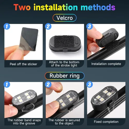 Vista 8 de 10 luces estroboscópicas LED inalámbricas de 4 LED con control remoto, 8 colores de alto brillo USB-C, recargable, impermeable, anticolisión, luces