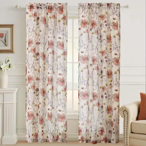 Vista 10 de Cortinas Transparentes Arrugadas de 96 Pulgadas de Largo 2 Paneles, Cortinas Florales Transparentes con Diseño Impreso para Sala de Estar
