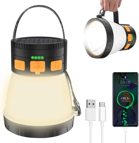 Vista 9 de Paquete de 2 linternas LED para campamento, 1500 lúmenes, linterna de campamento recargable con carga de panel solar, impermeable, 8 modos de luz
