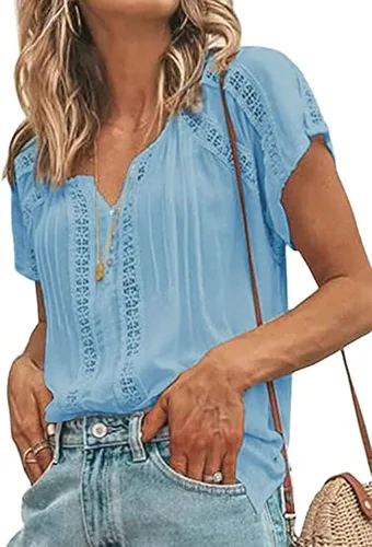 Vista 2 de Cisisily - Blusas de ganchillo y encaje, camiseta con estilo casual y cuello en V para mujer