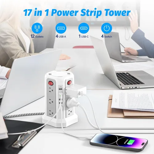 Vista 2 de Regleta de alimentación de torre con PD20W USB C, estación de carga de cable de extensión de escritorio de 6 pies con 12 tomas de corriente alterna