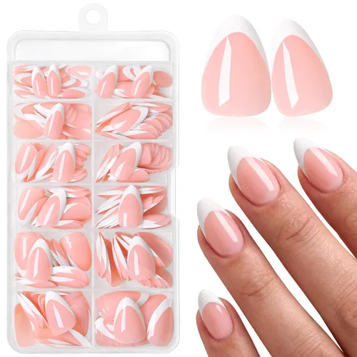Vista 15 de 240 uñas postizas de punta francesa a presión, uñas postizas medianas de almendra, uñas blancas de punta francesa a presión, uñas acrílicas a