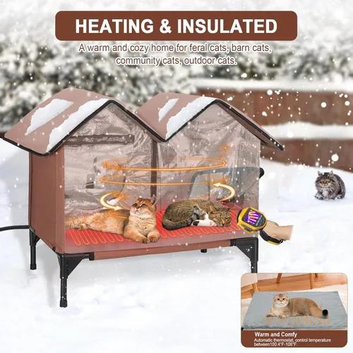 Vista 2 de Casa climatizada para gatos para exteriores en invierno, casa elevada para gatos al aire libre, resistente a la intemperie, puerta de escape