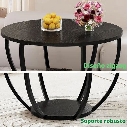 Vista 5 de HOMERECOMMEND Mesa de centro redonda, mesas de centro circulares de madera de 2 niveles con estantes de almacenamiento, mesa central decorativa