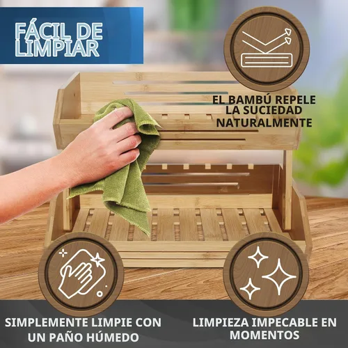 Vista 6 de Cesta de frutas de bambú de 2 niveles para encimera de cocina con ganchos para colgar plátanos, soporte de fruta de madera para encimera de cocina