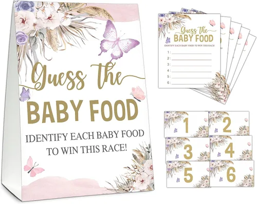 Vista 11 de Guess the Baby Food Party Games, juego de baby shower, 1 letrero de pie + 25 tarjetas de respuesta + 6 tarjetas de números, suministros