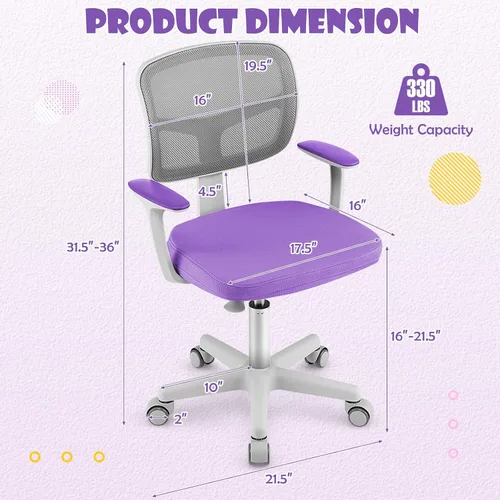Vista 3 de GLACER - Silla de escritorio para niños, silla de estudio de malla ajustable con ruedas (morado) Swivel Ergonomic Computer Task Chair with Arms