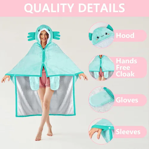 Vista 3 de Manta con Capucha Vestible de Axolotl para Adultos - Súper Suave, Cálida y Acogedora de Felpa de Franela de Vellón y Sherpa Tipo Poncho Capa