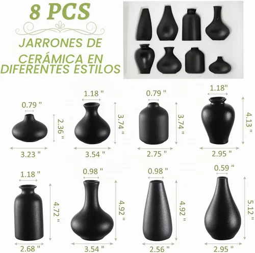 Vista 2 de Juego de 8 jarrones negros pequeños, mini jarrones de cerámica para flores Negro-juego de 8