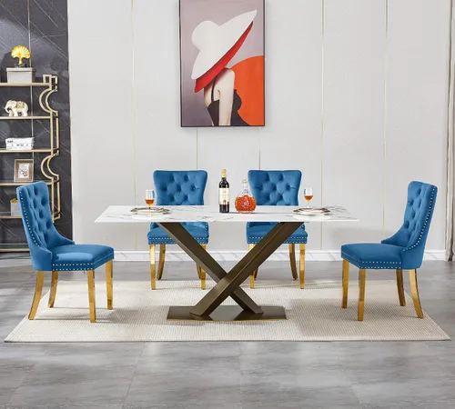 Vista 3 de Juego de mesa de comedor de mármol blanco de lujo para 4, 70 pulgadas, mesa de comedor de mármol blanco con 4 sillas de terciopelo azul y base