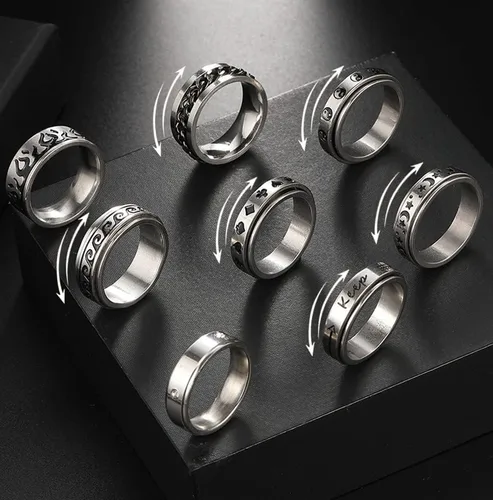 Vista 6 de Anillos de acero inoxidable para hombres, anillos de ansiedad plateados para la ansiedad para mujeres, juego de anillos giratorios geniales, paquete